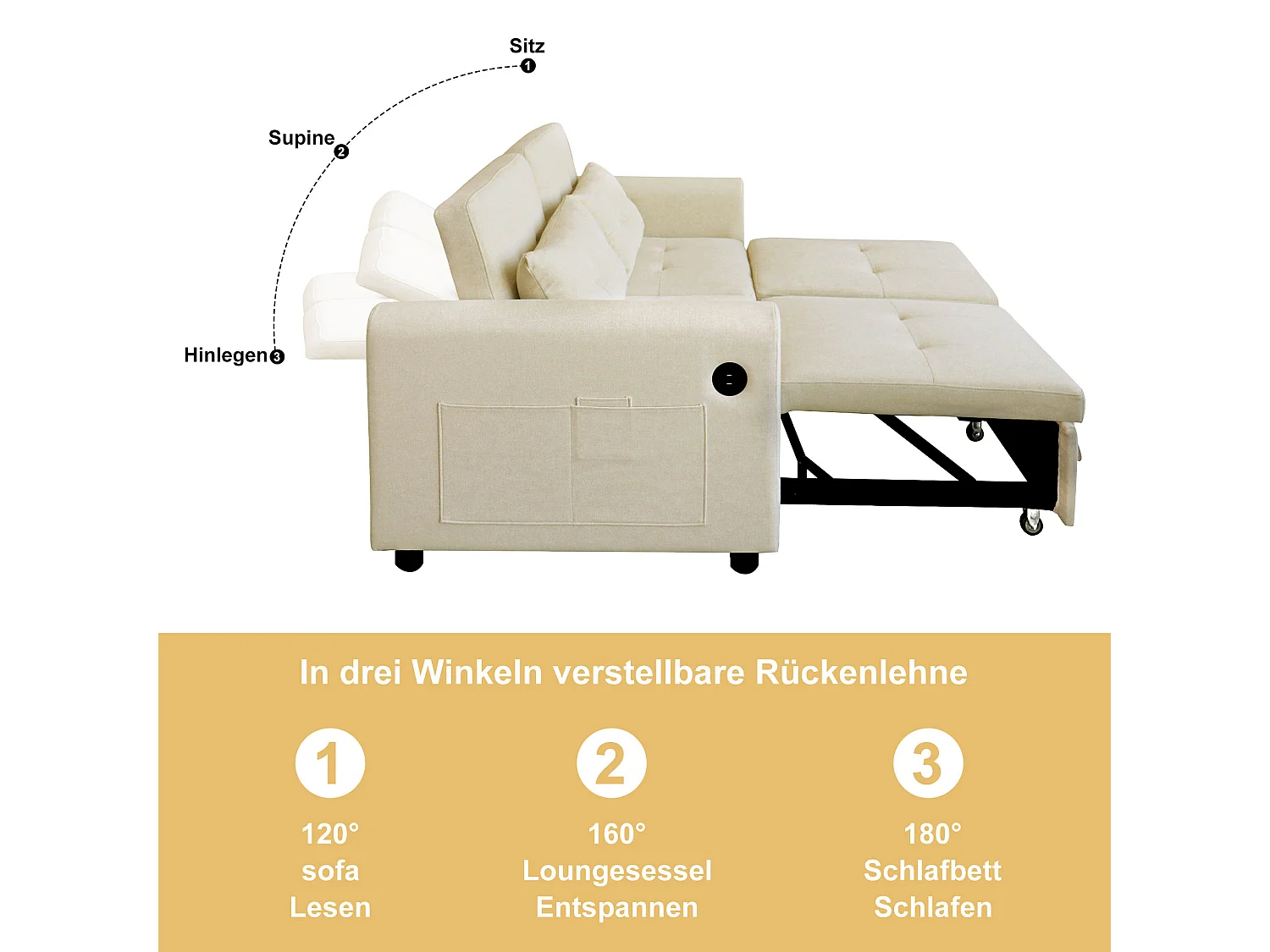 Canapé convertible 2 places en tissu lin avec dossier réglable et prise USB, canapé-lit - 142 x 85 x 83 cm - Fonction sommeil - Beige