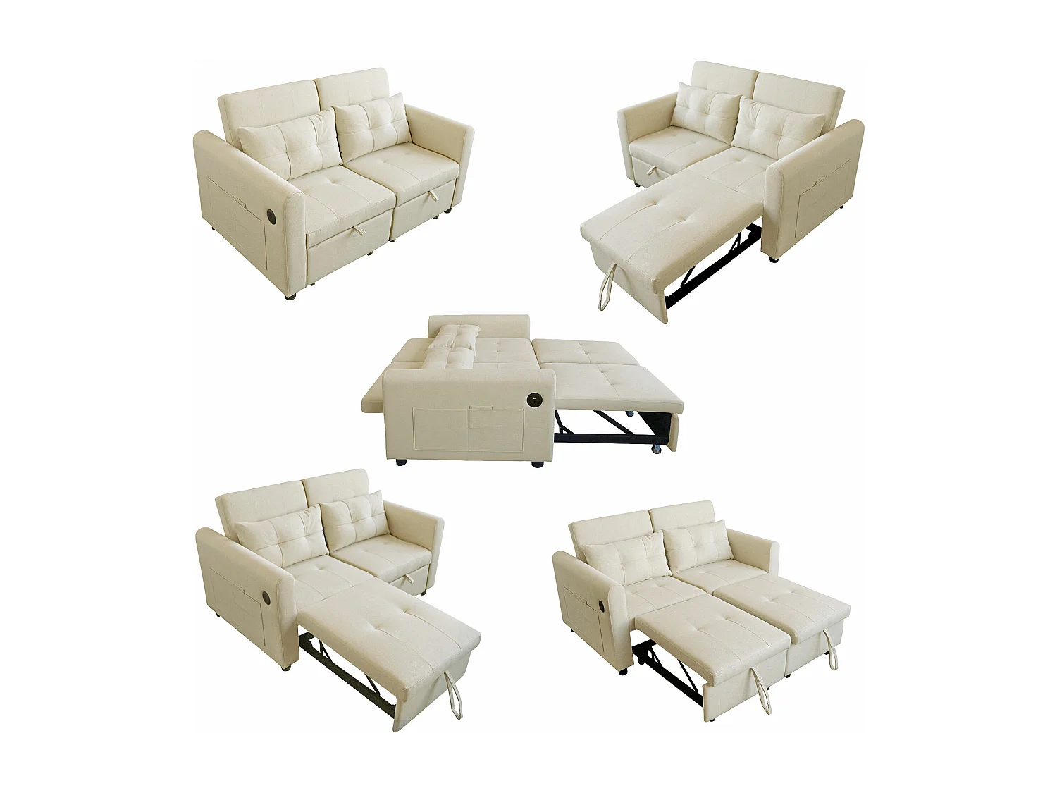 Canapé convertible 2 places en tissu lin avec dossier réglable et prise USB, canapé-lit - 142 x 85 x 83 cm - Fonction sommeil - Beige