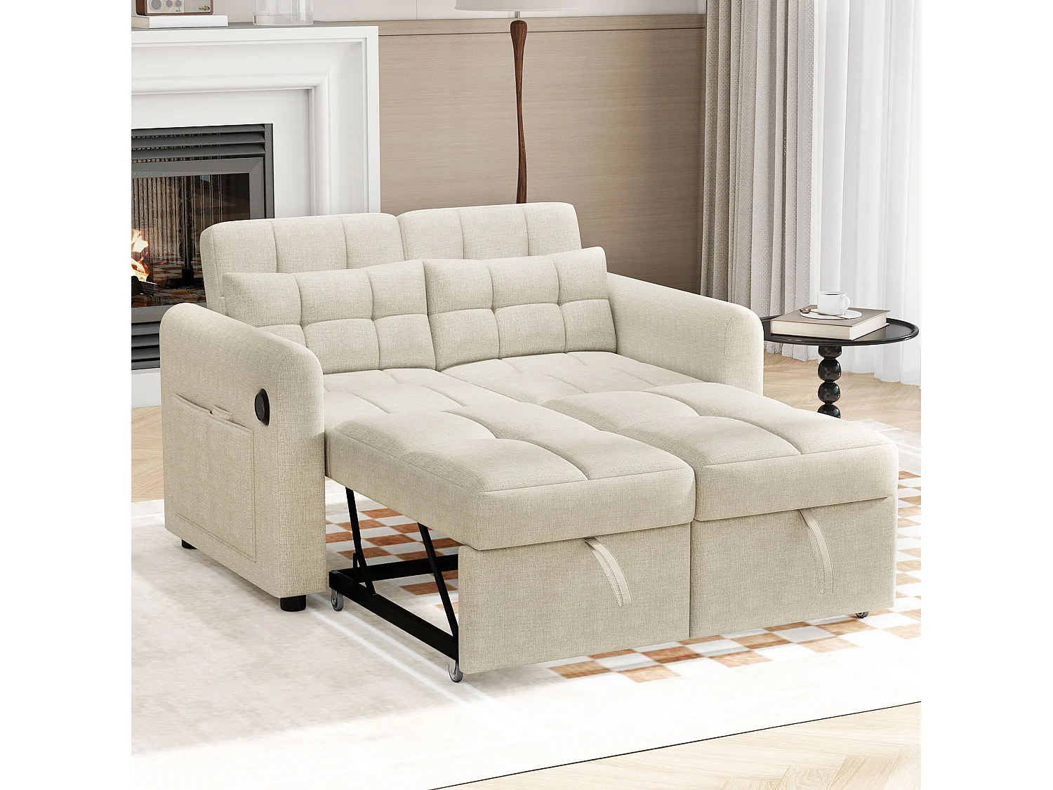 Canapé convertible 2 places en tissu lin avec dossier réglable et prise USB, canapé-lit - 142 x 85 x 83 cm - Fonction sommeil - Beige