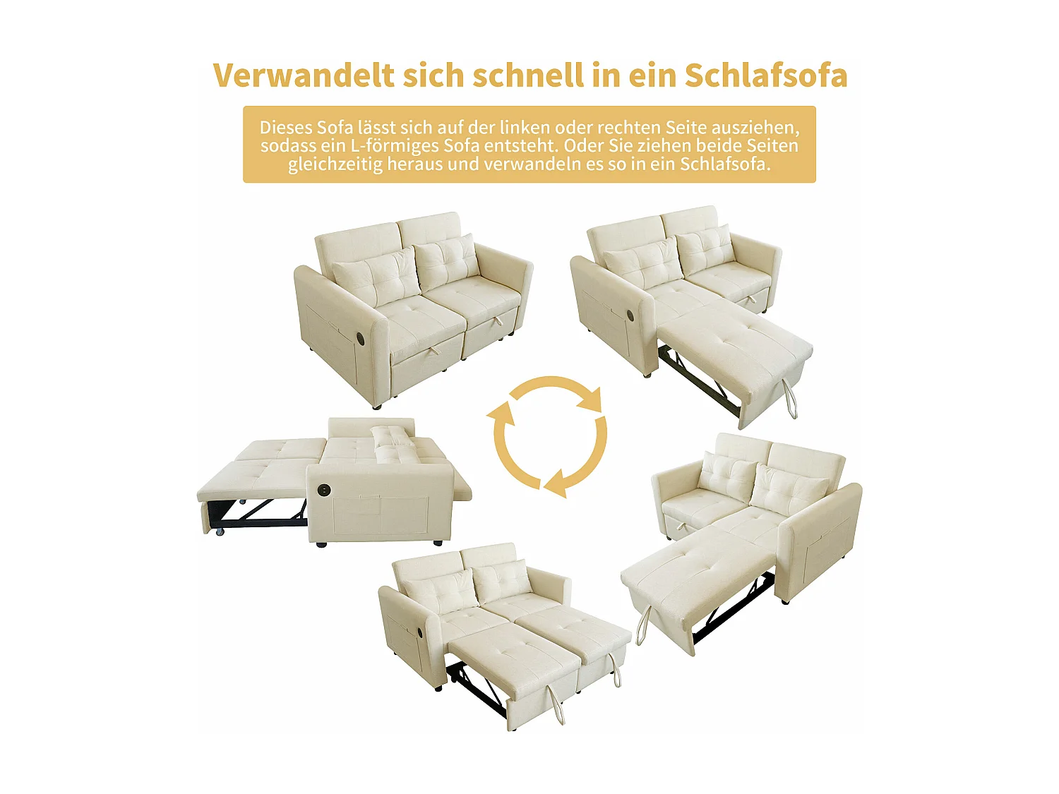 Canapé convertible 2 places en tissu lin avec dossier réglable et prise USB, canapé-lit - 142 x 85 x 83 cm - Fonction sommeil - Beige