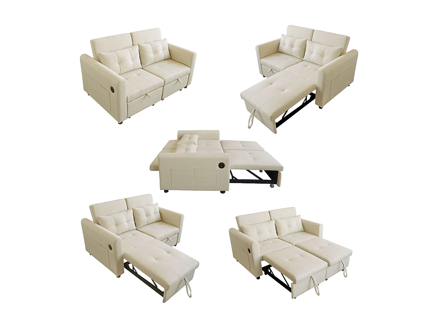Canapé convertible 2 places en tissu lin avec dossier réglable et prise USB, canapé-lit - 142 x 85 x 83 cm - Fonction sommeil - Beige