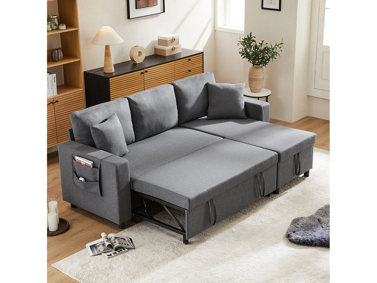 Sofa 3-osobowa z funkcją spania i schowkiem, rozkładana - 216 x 135 x 83 cm - z funkcją spania - Ciemnoszara