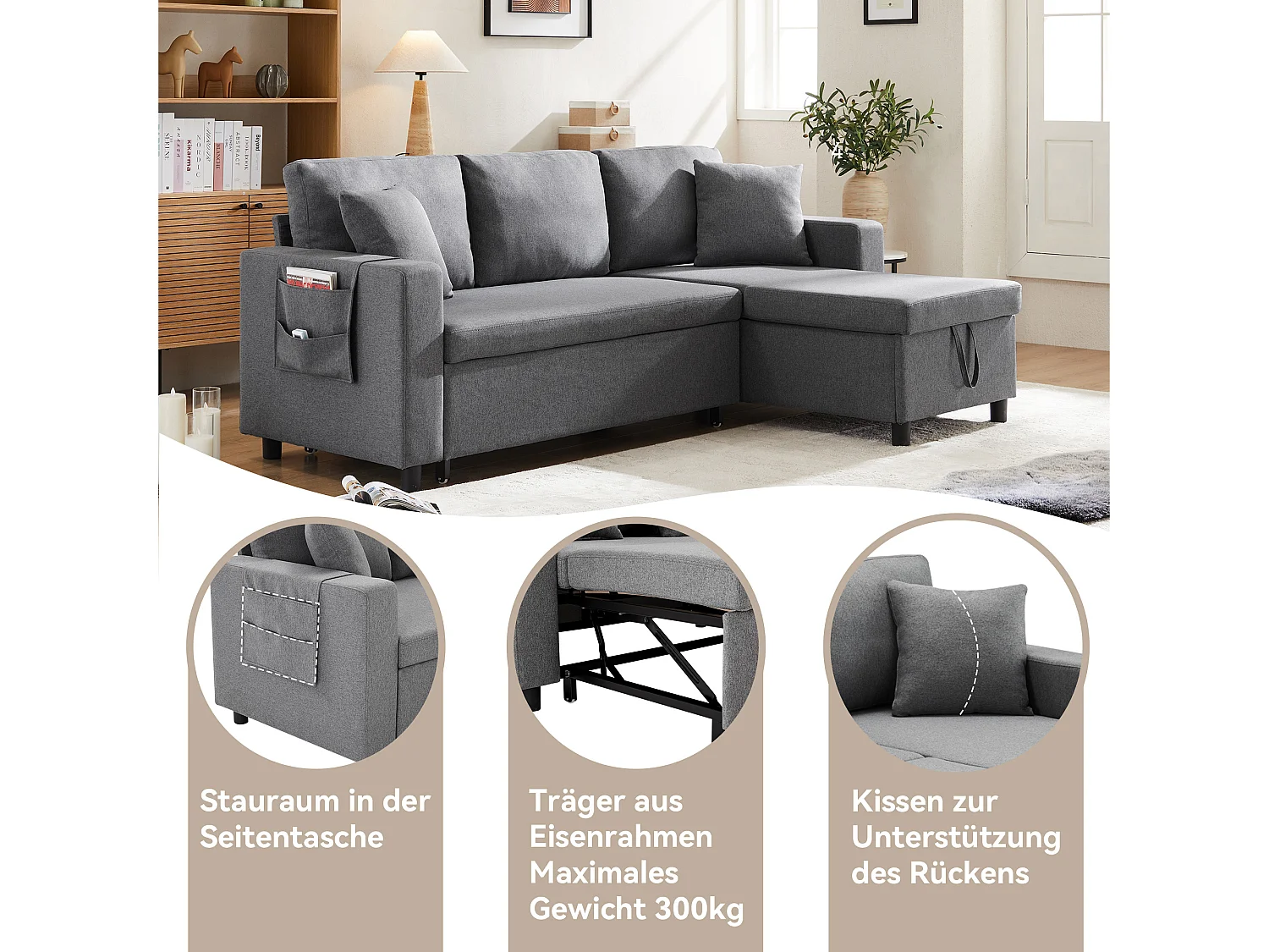 Sofa 3-osobowa z funkcją spania i schowkiem, rozkładana - 216 x 135 x 83 cm - z funkcją spania - Ciemnoszara