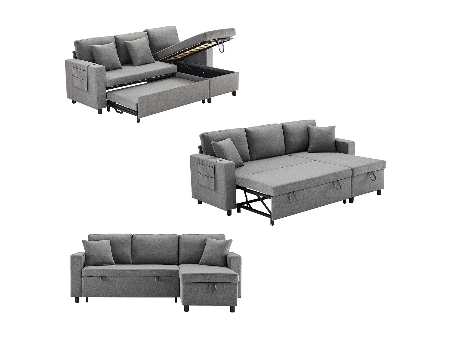 Sofa 3-osobowa z funkcją spania i schowkiem, rozkładana - 216 x 135 x 83 cm - z funkcją spania - Ciemnoszara