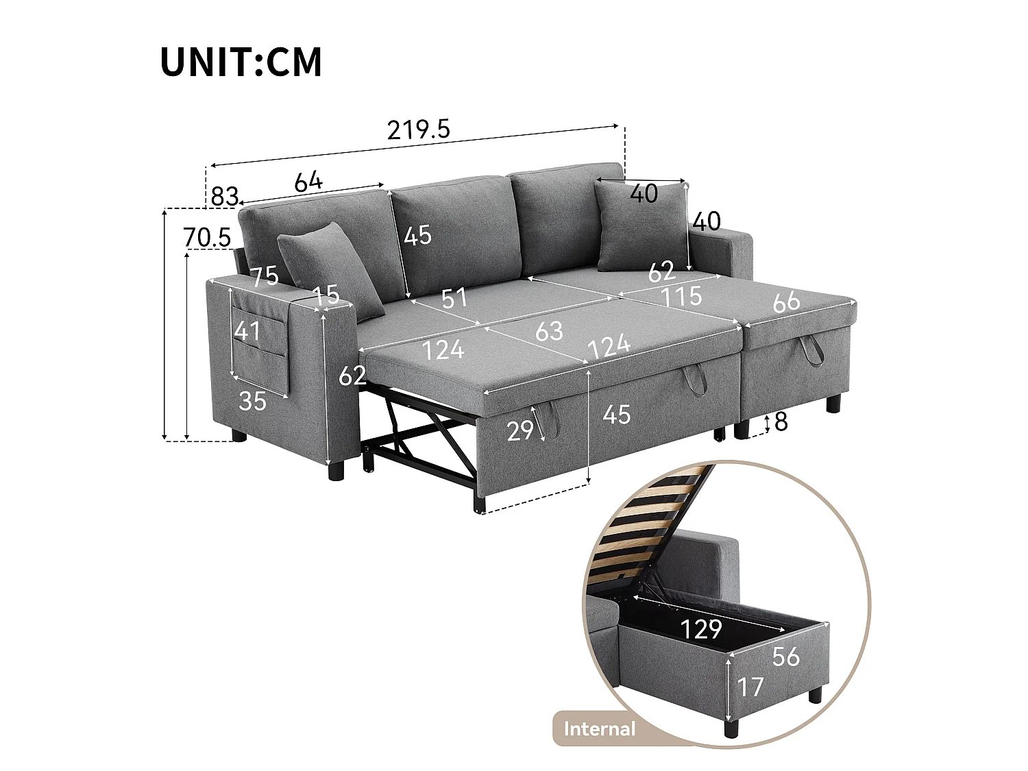 Divano letto 3 posti con contenitore, divano letto - 219.5 x 142.5 x 83 cm - con funzione sleep - Grigio scuro
