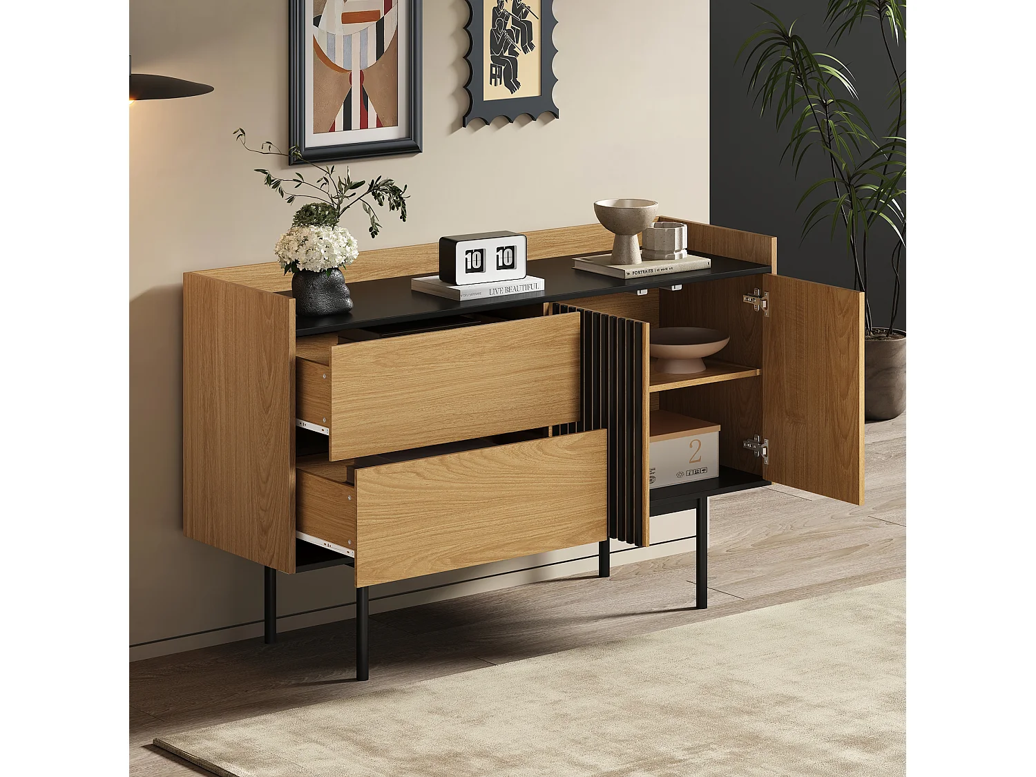 Buffet bas avec 2 tiroirs et 2 portes - 130 x 40 x 80.5 cm - étagère réglable - Bois MDF - Naturel + noir