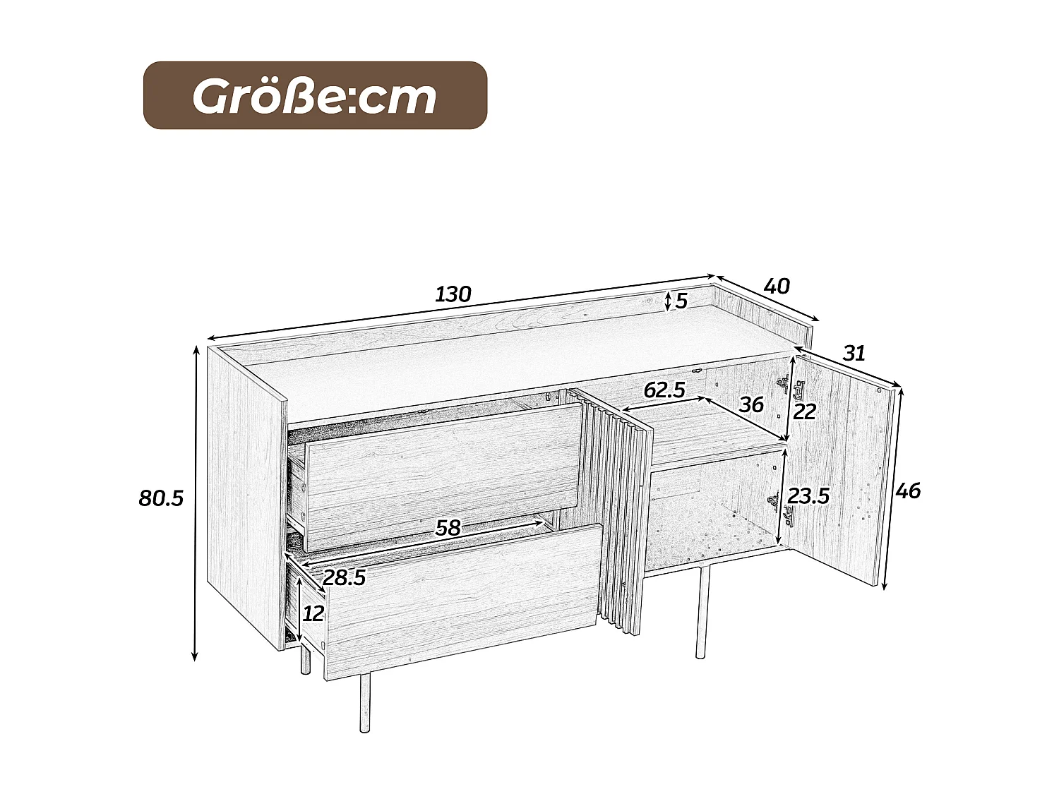 Buffet bas avec 2 tiroirs et 2 portes - 130 x 40 x 80.5 cm - étagère réglable - Bois MDF - Naturel + noir