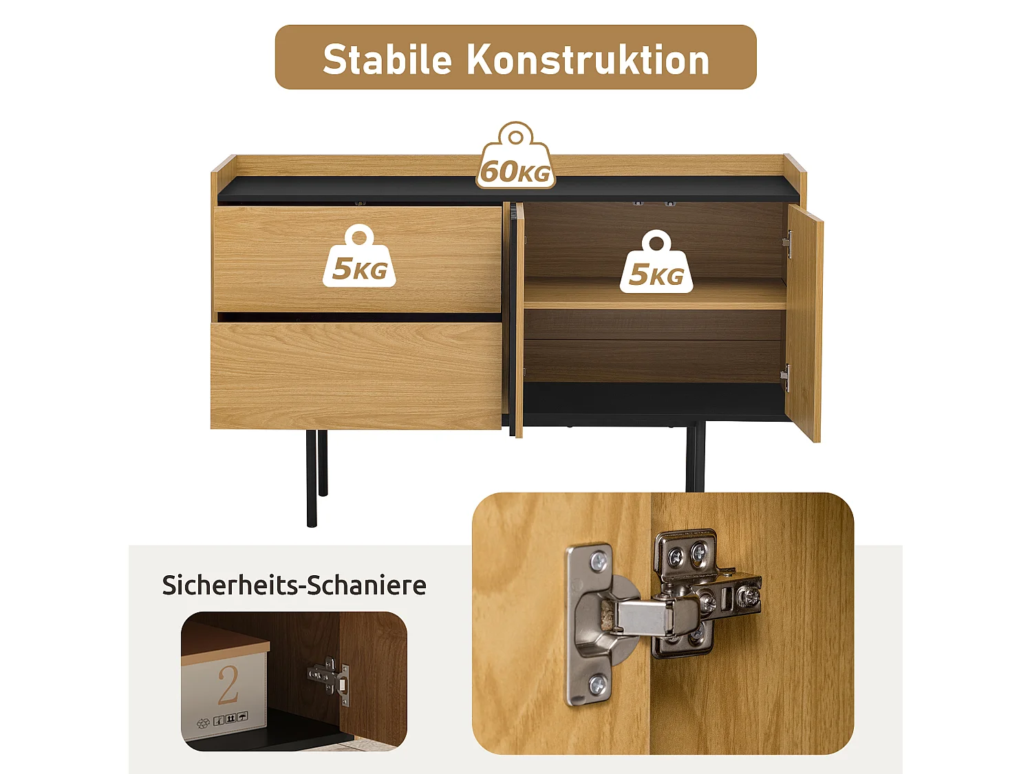 Buffet bas avec 2 tiroirs et 2 portes - 130 x 40 x 80.5 cm - étagère réglable - Bois MDF - Naturel + noir