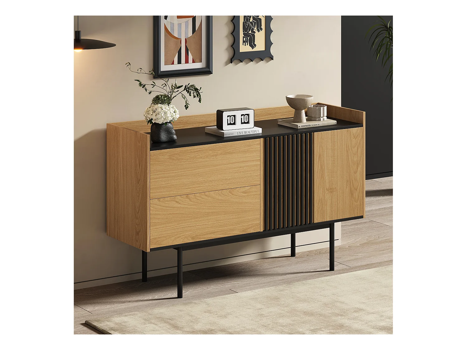 Niedriges Sideboard mit 2 Schubladen und 2 Türen - 130 x 40 x 80,5 cm - verstellbares Regal - MDF-Holz - Natur + Schwarz