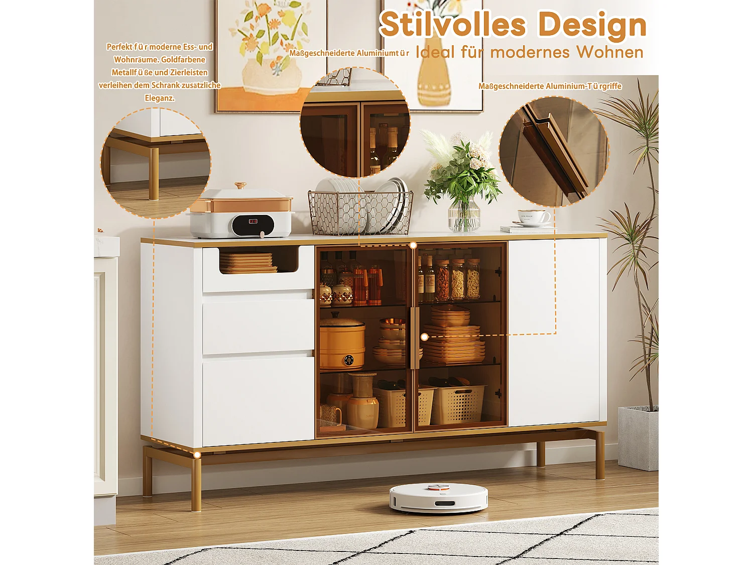 Buffet bas avec 3 tiroirs et 3 portes en verre et bois - 150 x 40 x 80 cm - MDF et pièds en métal - Effet marbre - Naturel et or