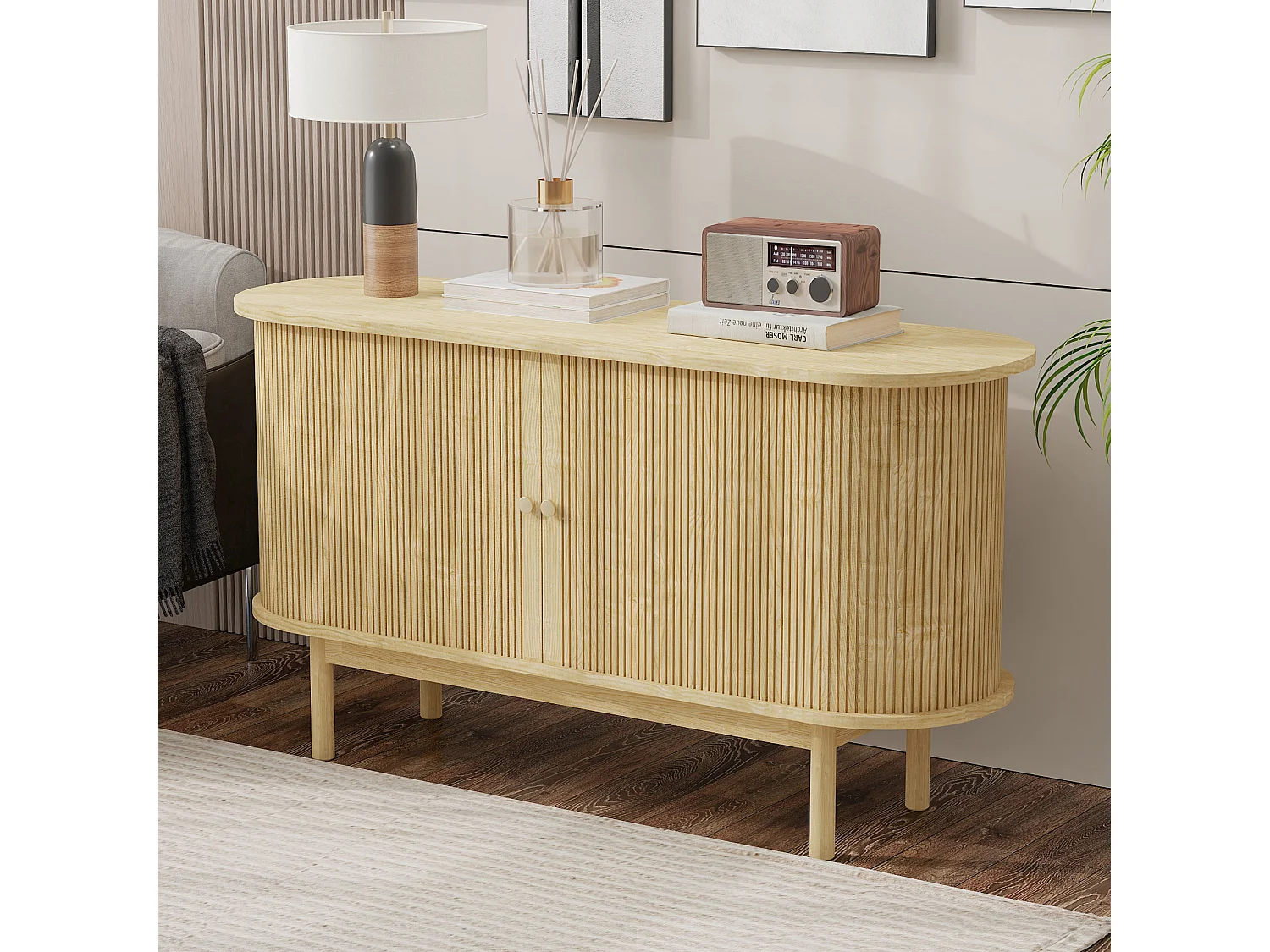 Modern laag dressoir met 2 schuifdeuren - 138 x 43 x 75 cm - Ovale vorm - MDF hout + grenen poten - Licht eiken