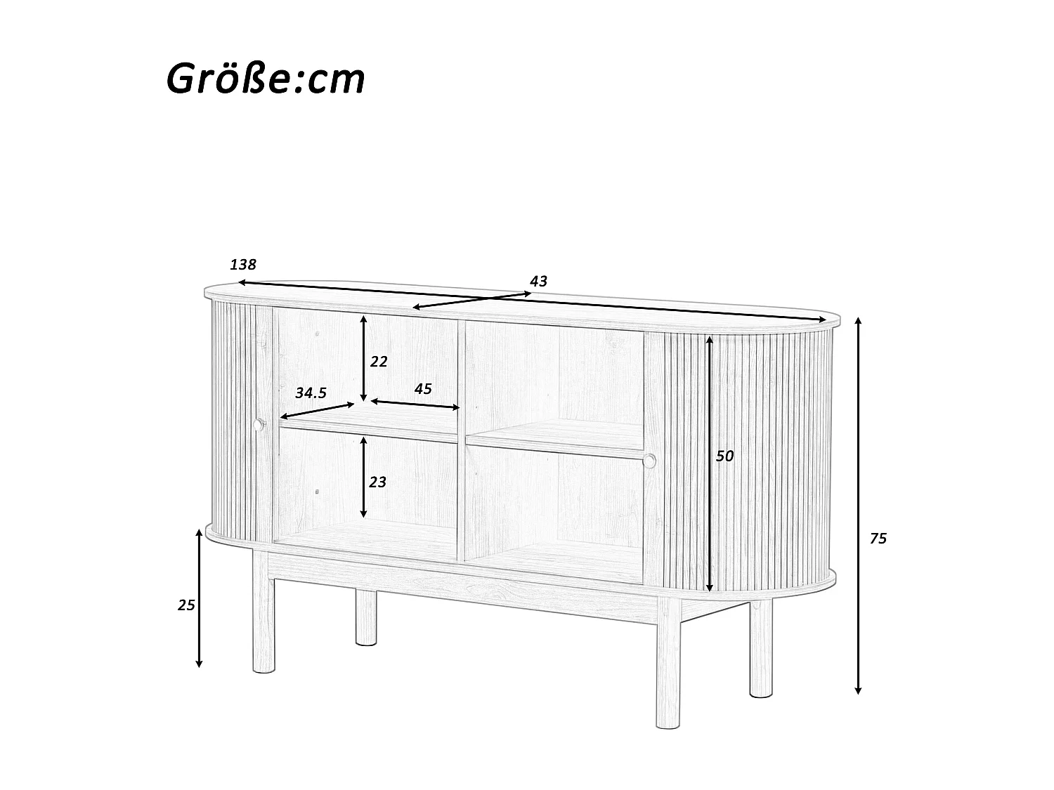 Modern laag dressoir met 2 schuifdeuren - 138 x 43 x 75 cm - Ovale vorm - MDF hout + grenen poten - Licht eiken
