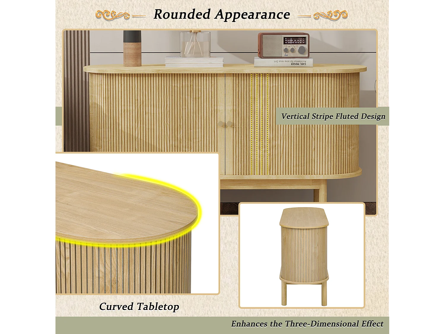 Modern laag dressoir met 2 schuifdeuren - 138 x 43 x 75 cm - Ovale vorm - MDF hout + grenen poten - Licht eiken