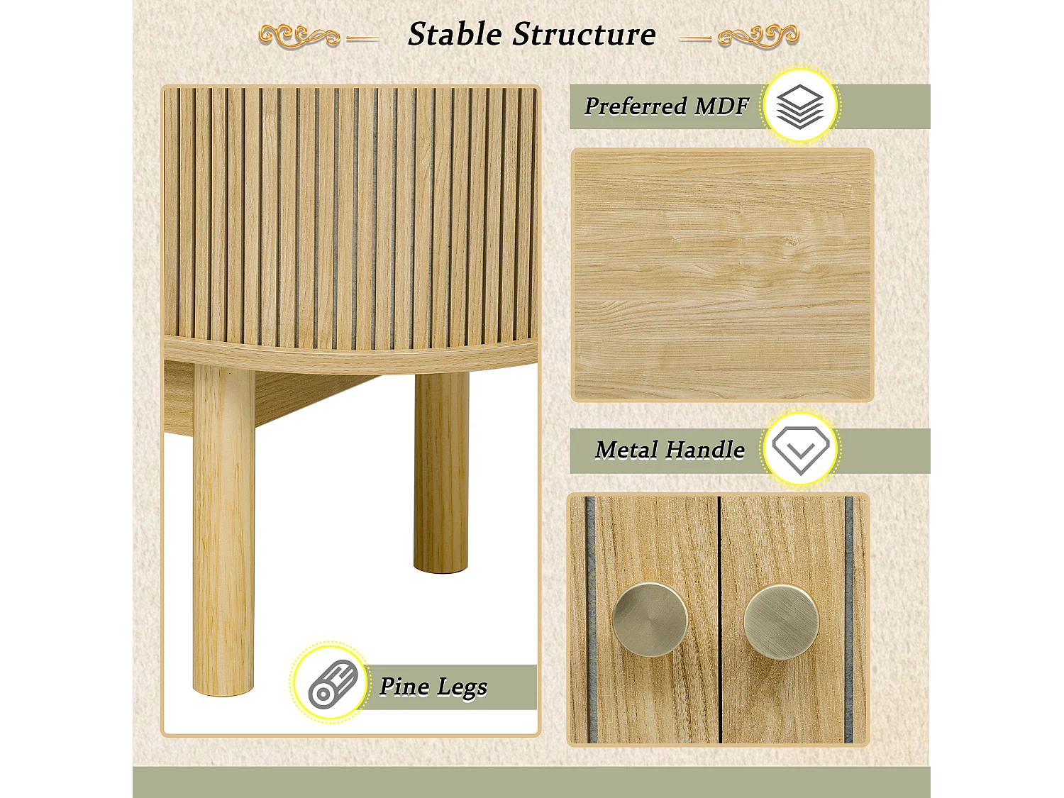 Modern laag dressoir met 2 schuifdeuren - 138 x 43 x 75 cm - Ovale vorm - MDF hout + grenen poten - Licht eiken