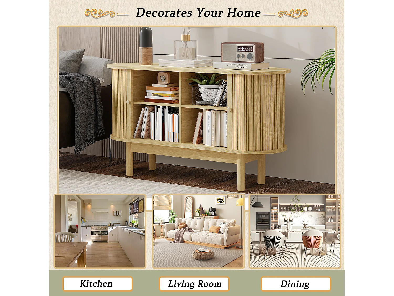 Modern laag dressoir met 2 schuifdeuren - 138 x 43 x 75 cm - Ovale vorm - MDF hout + grenen poten - Licht eiken