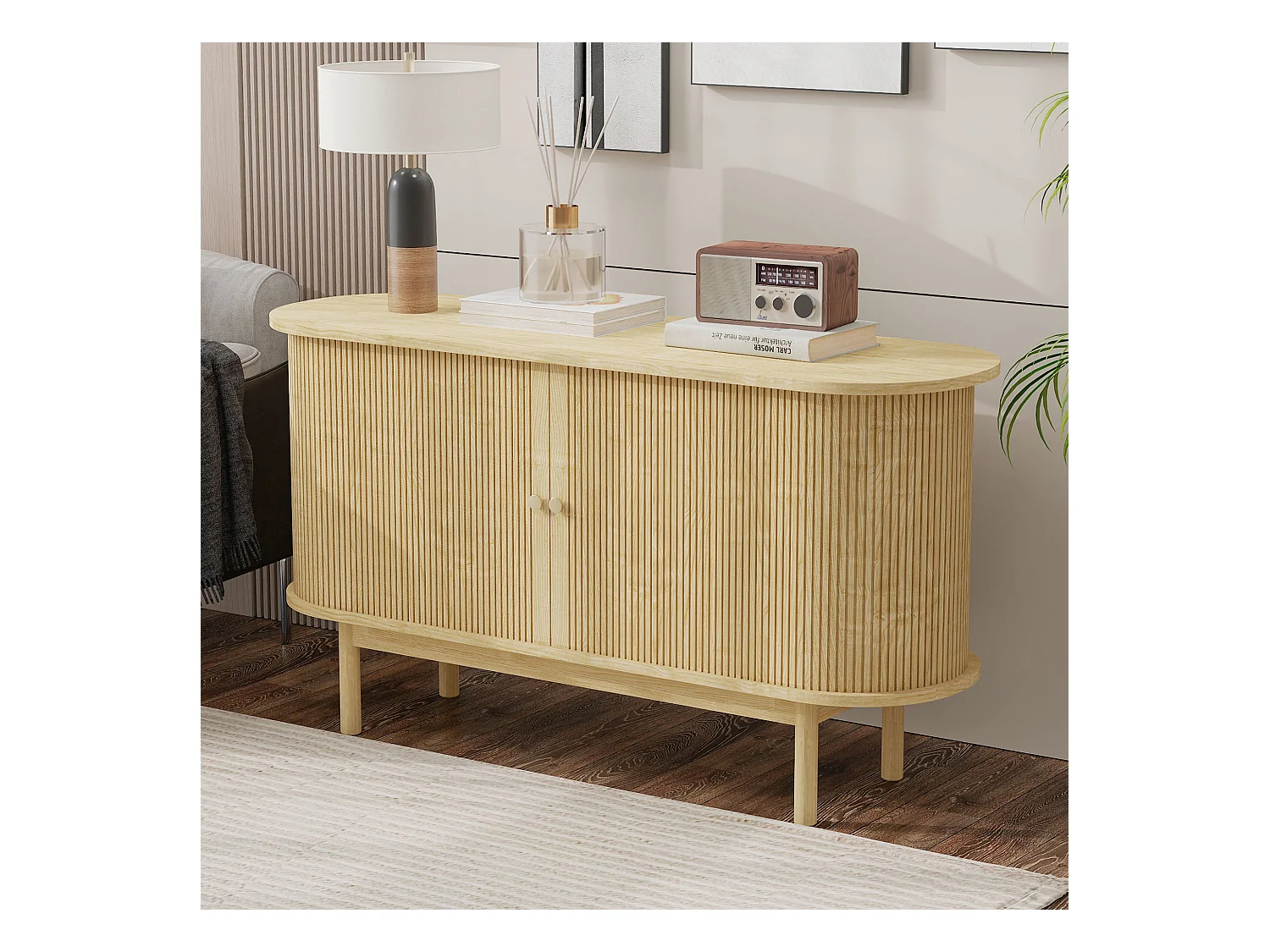 Buffet bas moderne avec 2 portes coulissantes - 138 x 43 x 75 cm - Forme ovale - Bois MDF + pieds en pin - Chêne clair