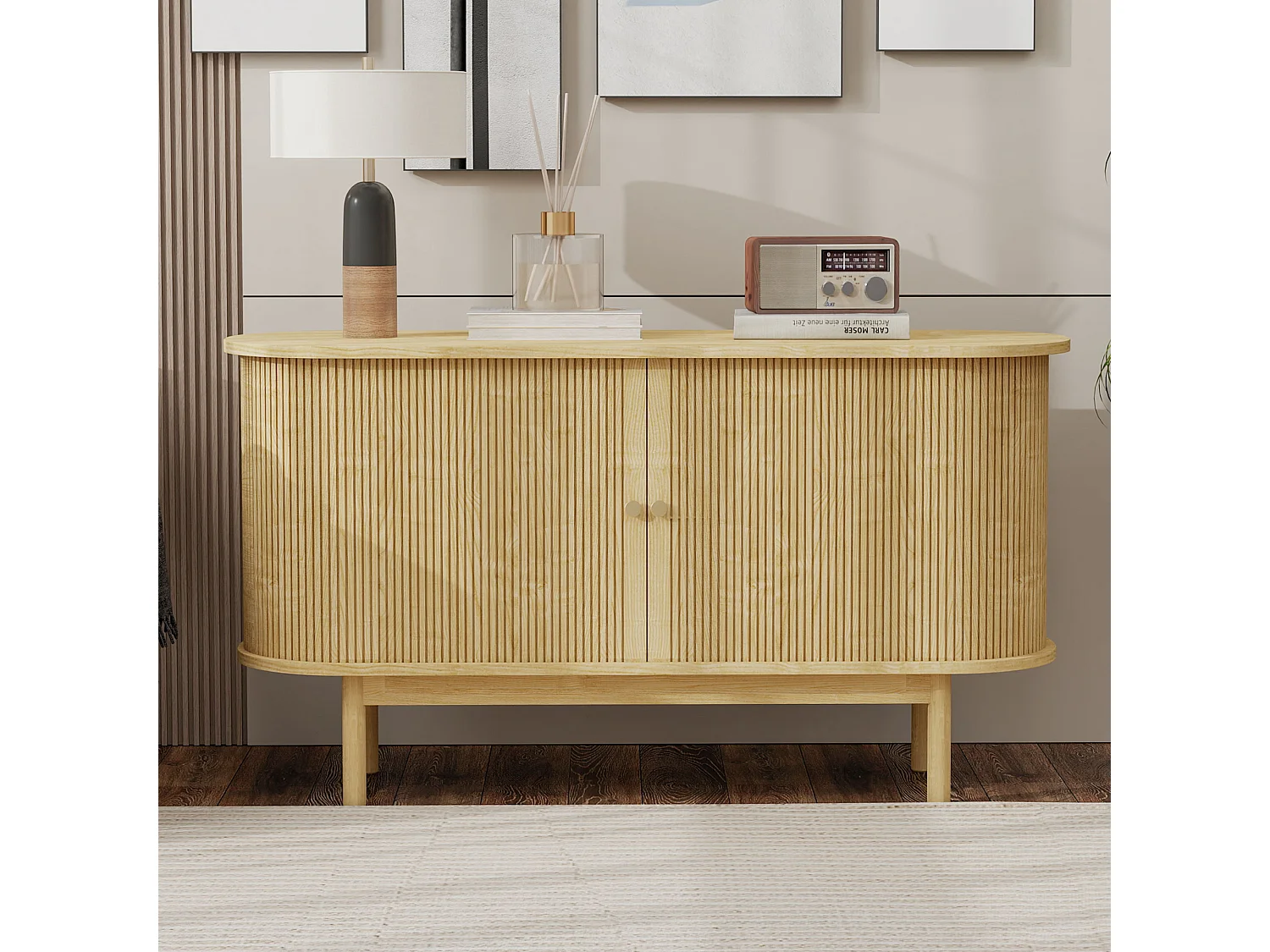 Aparador baixo moderno com 2 portas de correr - 138 x 43 x 75 cm - Formato oval - Madeira MDF + pernas em pinho - Carvalho claro