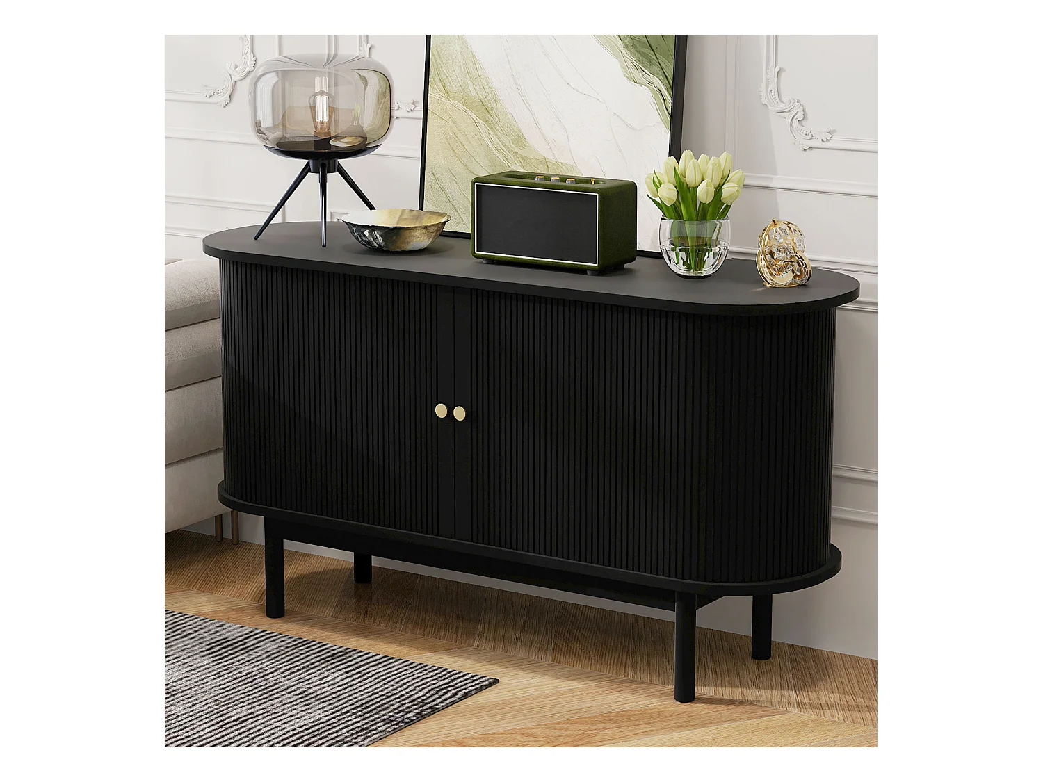 Modernes niedriges Sideboard mit 2 Schiebetüren - 138 x 43 x 75 cm - Ovale Form - MDF-Holz + Kiefernbeine - Schwarz