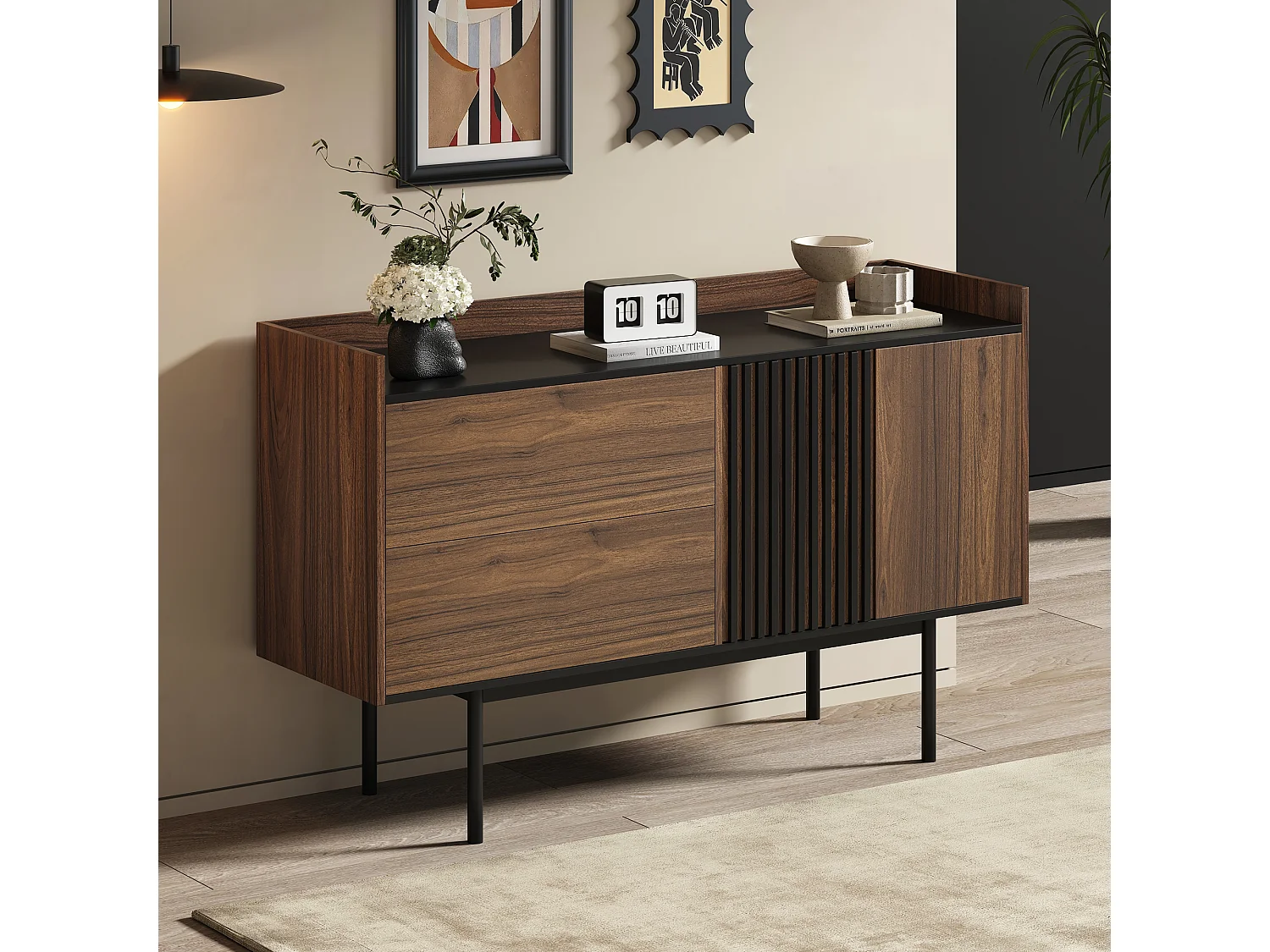 Buffet bas avec 2 tiroirs et 2 portes - 130 x 40 x 80.5 cm - étagère réglable - Bois MDF - Noyer + noir