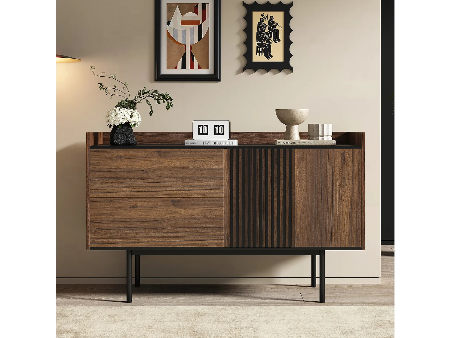 Buffet bas avec 2 tiroirs et 2 portes - 130 x 40 x 80.5 cm - étagère réglable - Bois MDF - Noyer + noir