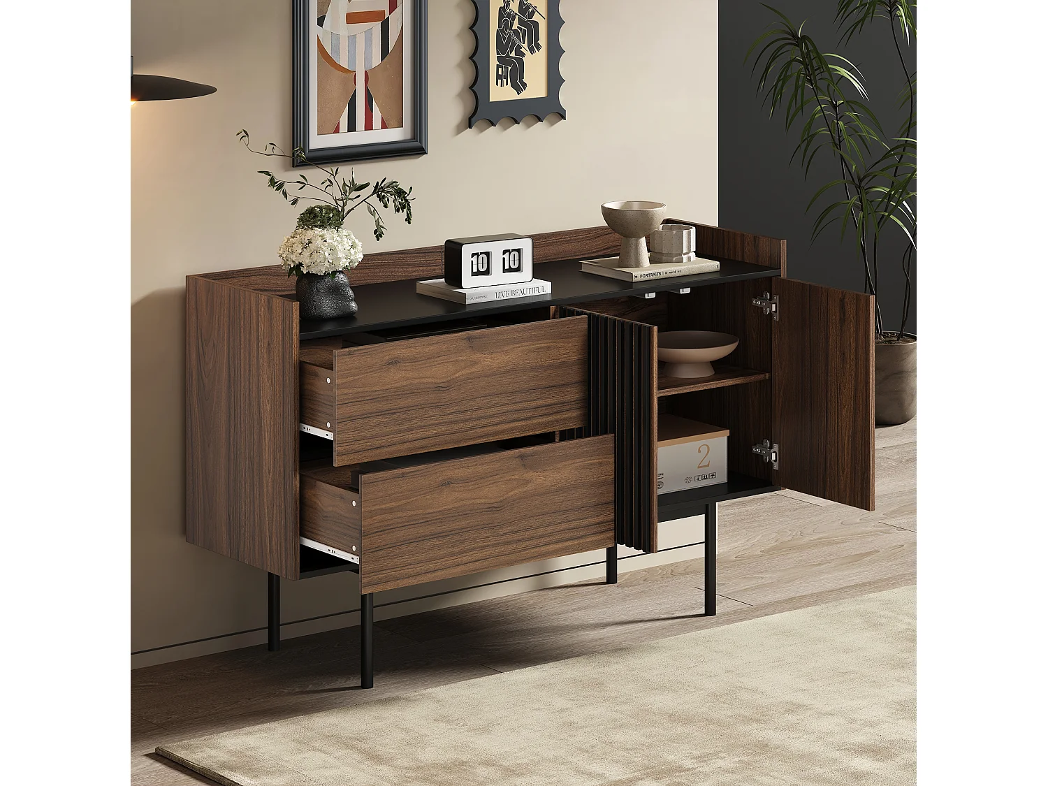 Buffet bas avec 2 tiroirs et 2 portes - 130 x 40 x 80.5 cm - étagère réglable - Bois MDF - Noyer + noir
