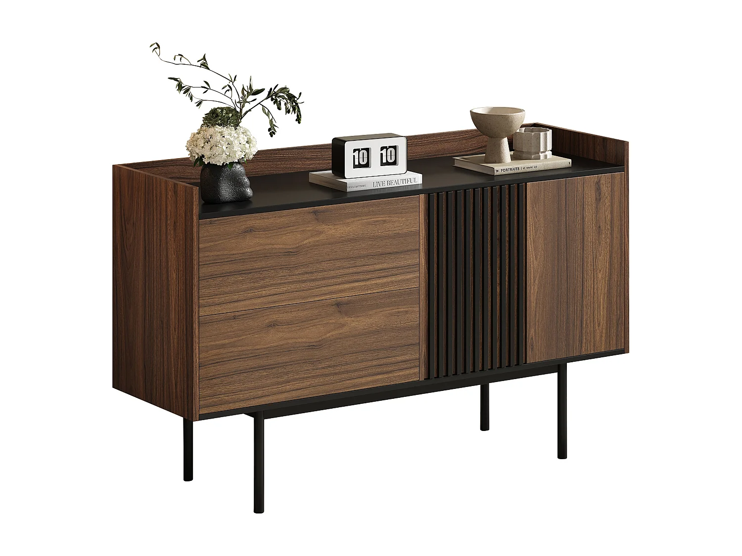Buffet bas avec 2 tiroirs et 2 portes - 130 x 40 x 80.5 cm - étagère réglable - Bois MDF - Noyer + noir
