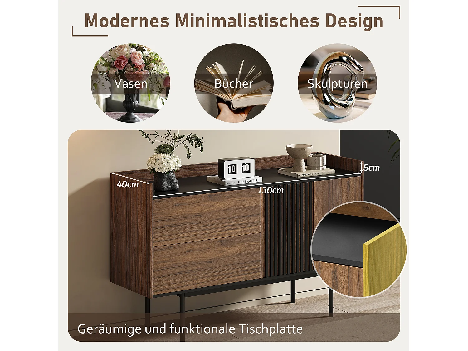 Buffet bas avec 2 tiroirs et 2 portes - 130 x 40 x 80.5 cm - étagère réglable - Bois MDF - Noyer + noir