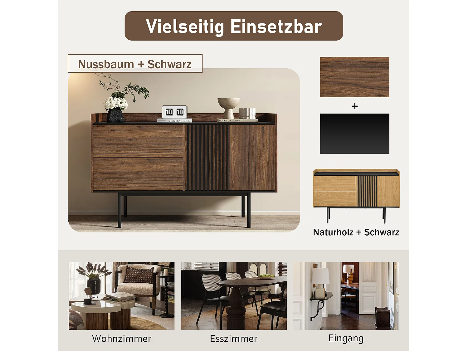 Buffet bas avec 2 tiroirs et 2 portes - 130 x 40 x 80.5 cm - étagère réglable - Bois MDF - Noyer + noir