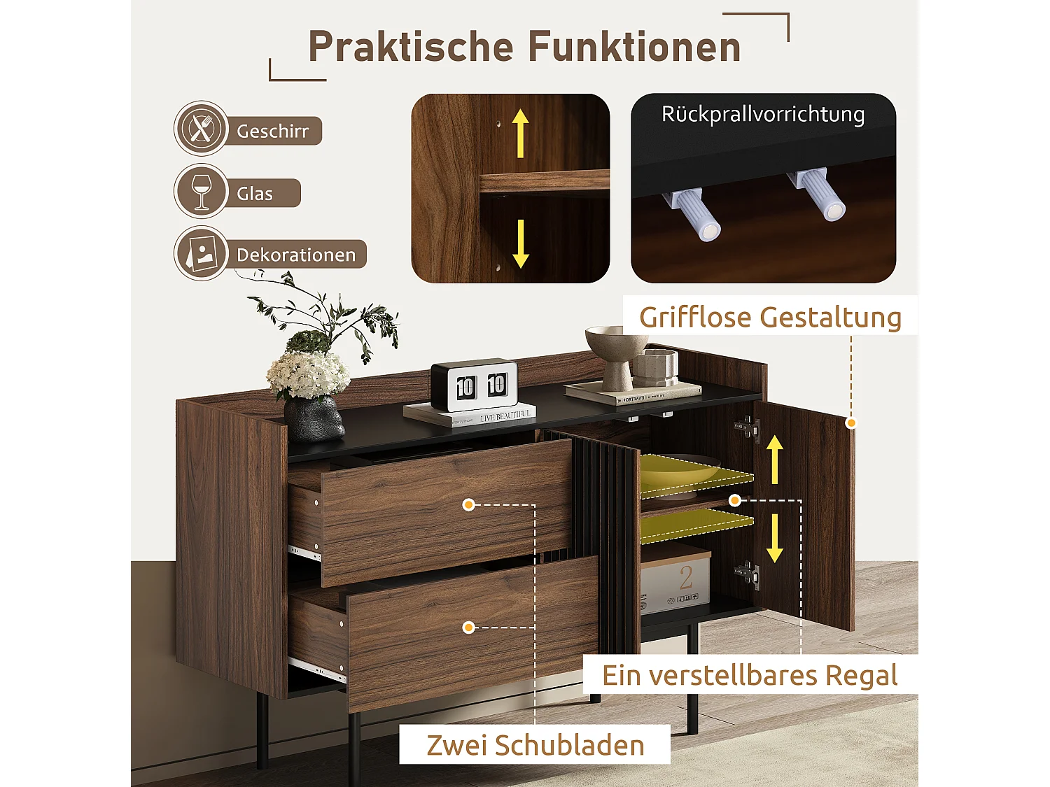 Buffet bas avec 2 tiroirs et 2 portes - 130 x 40 x 80.5 cm - étagère réglable - Bois MDF - Noyer + noir