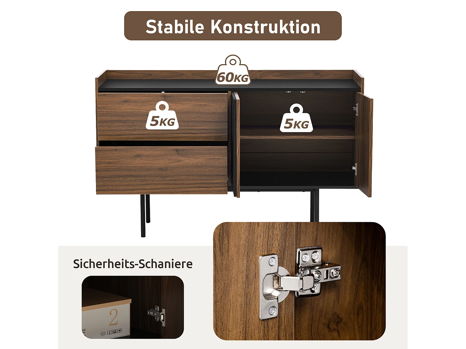 Buffet bas avec 2 tiroirs et 2 portes - 130 x 40 x 80.5 cm - étagère réglable - Bois MDF - Noyer + noir