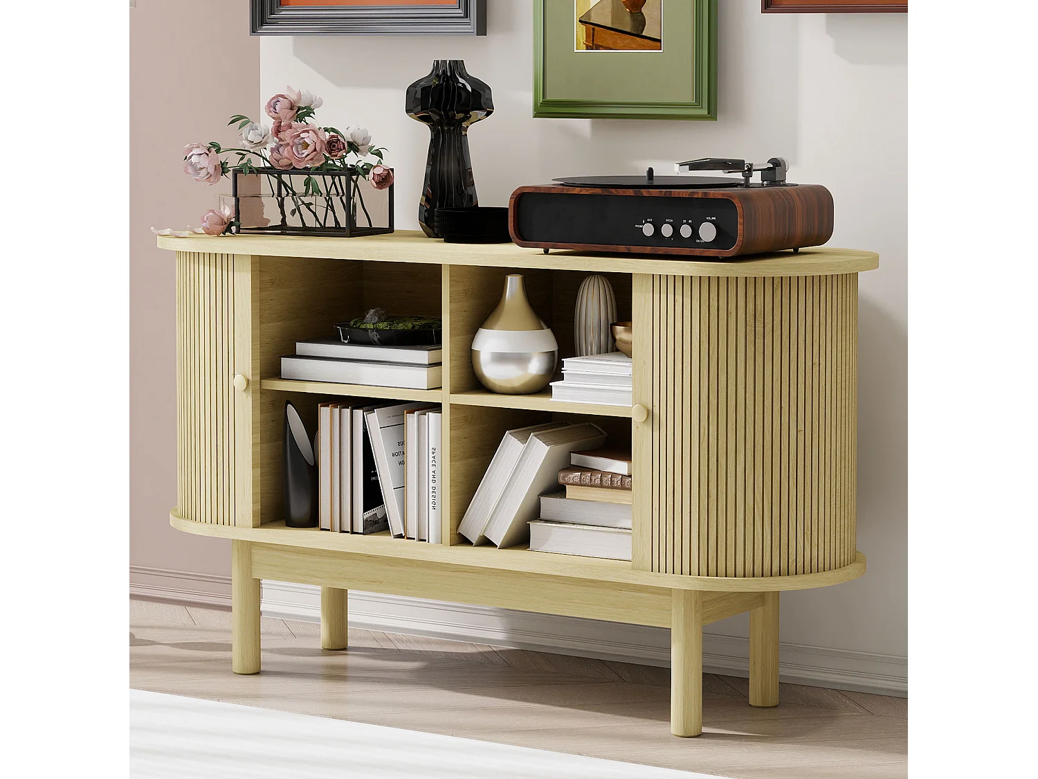 Modern laag dressoir met 2 schuifdeuren - 138 x 43 x 75 cm - Ovale vorm - MDF hout + grenen poten - Natuurlijk hout