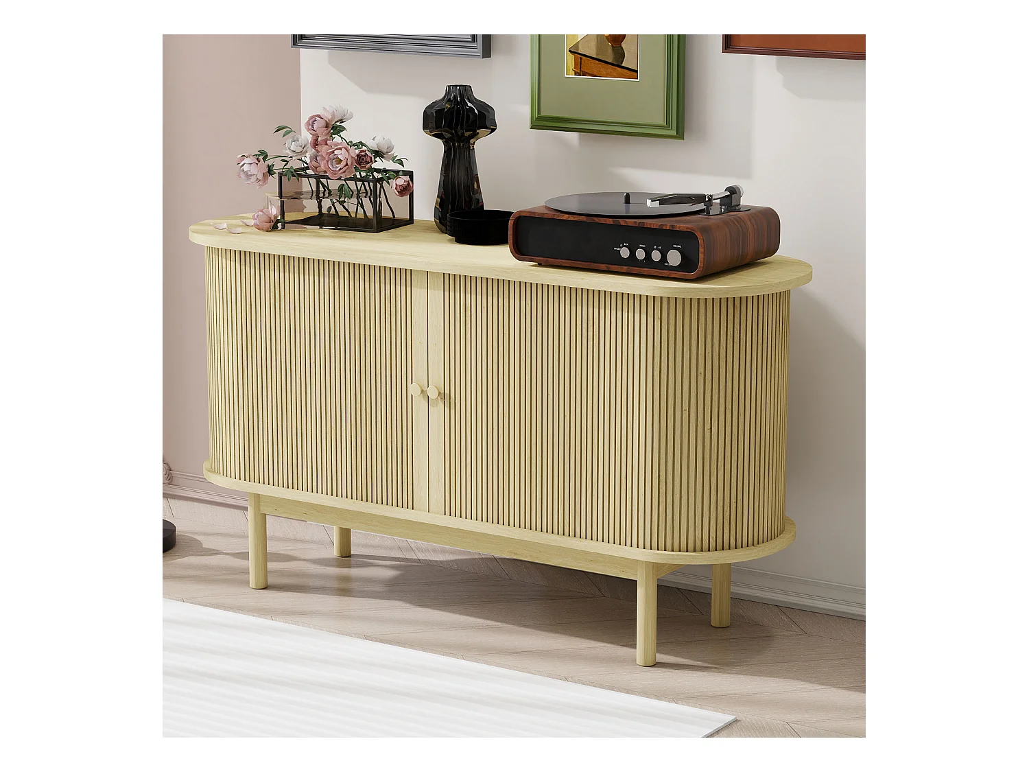 Buffet bas moderne avec 2 portes coulissantes - 138 x 43 x 75 cm - Forme ovale - Bois MDF + pieds en pin - Bois naturel