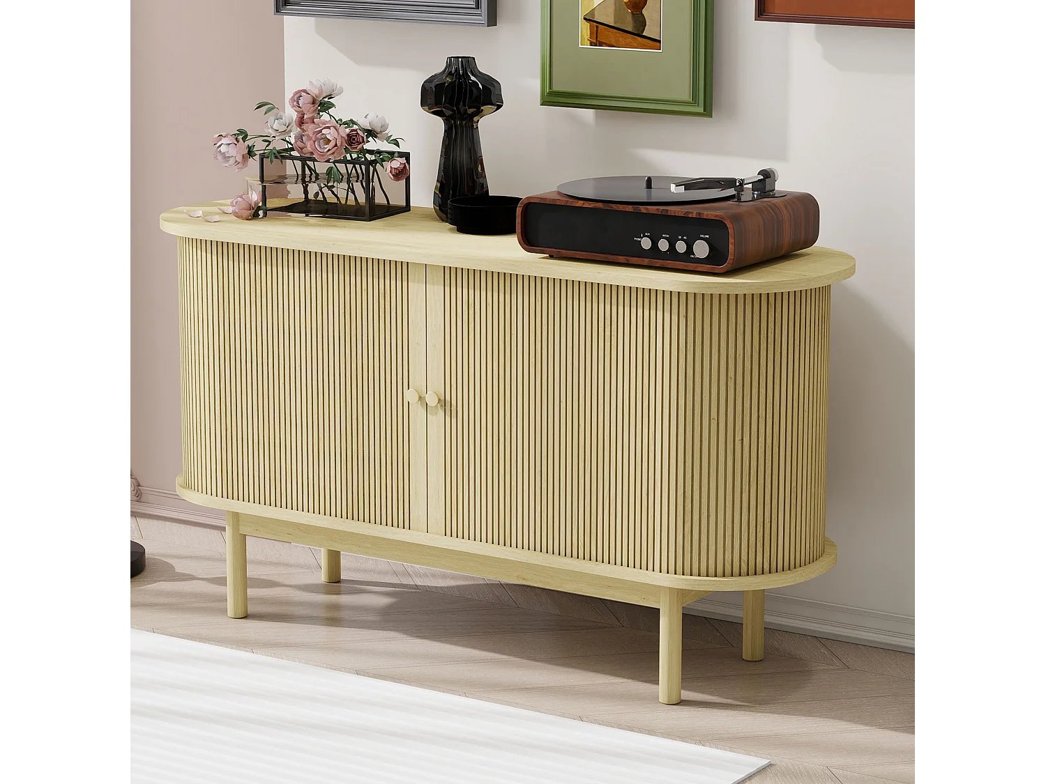 Credenza bassa moderna con 2 ante scorrevoli - 138 x 43 x 75 cm - Forma ovale - Legno MDF + gambe in pino - Legno naturale