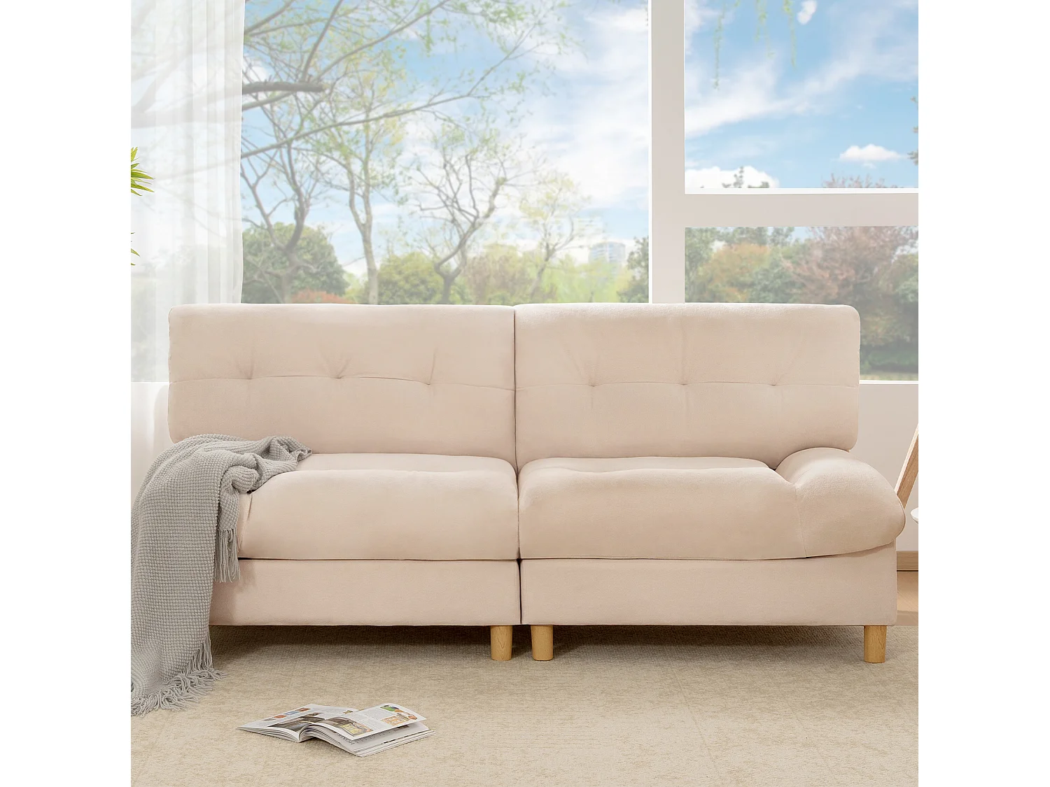 Sofá de 2 lugares em forma de nuvem - 201 x 85 x 90 cm - Veludo Teddy - para sala de estar - Bege