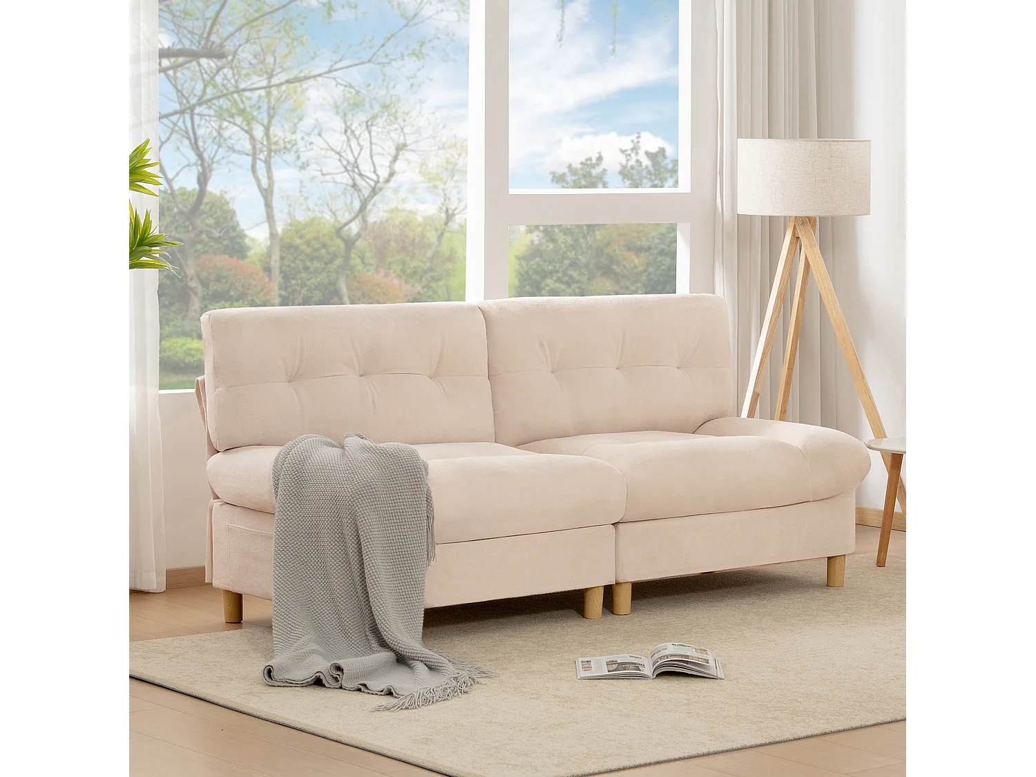 Sofá de 2 lugares em forma de nuvem - 201 x 85 x 90 cm - Veludo Teddy - para sala de estar - Bege