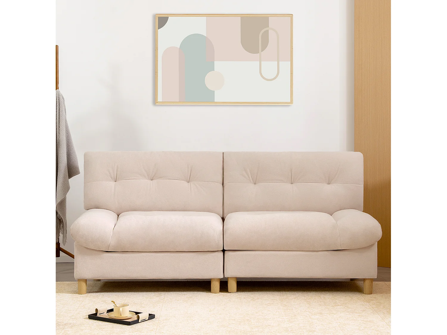 Sofá de 2 lugares em forma de nuvem - 201 x 85 x 90 cm - Veludo Teddy - para sala de estar - Bege