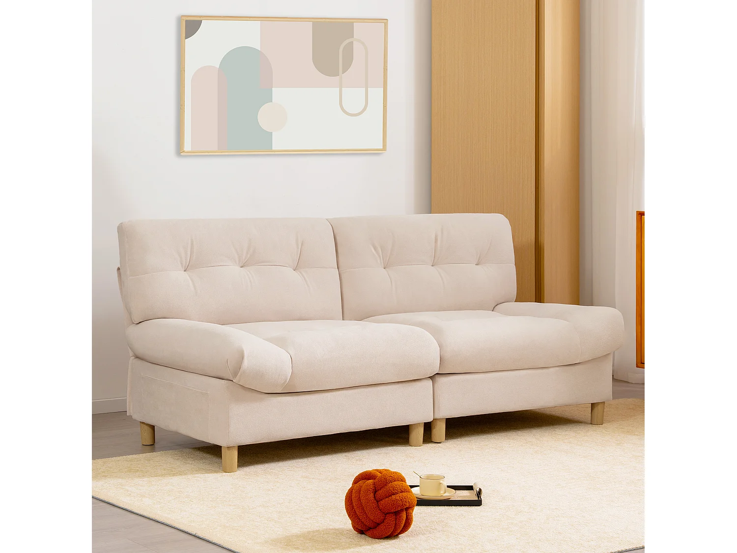 Sofá de 2 lugares em forma de nuvem - 201 x 85 x 90 cm - Veludo Teddy - para sala de estar - Bege