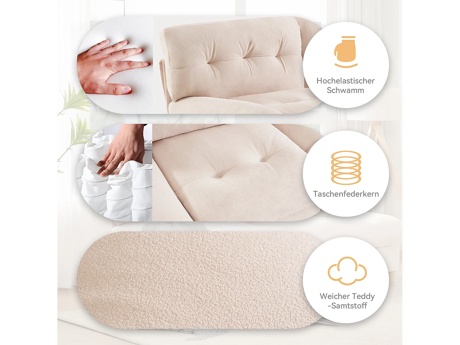 Sofá de 2 lugares em forma de nuvem - 201 x 85 x 90 cm - Veludo Teddy - para sala de estar - Bege