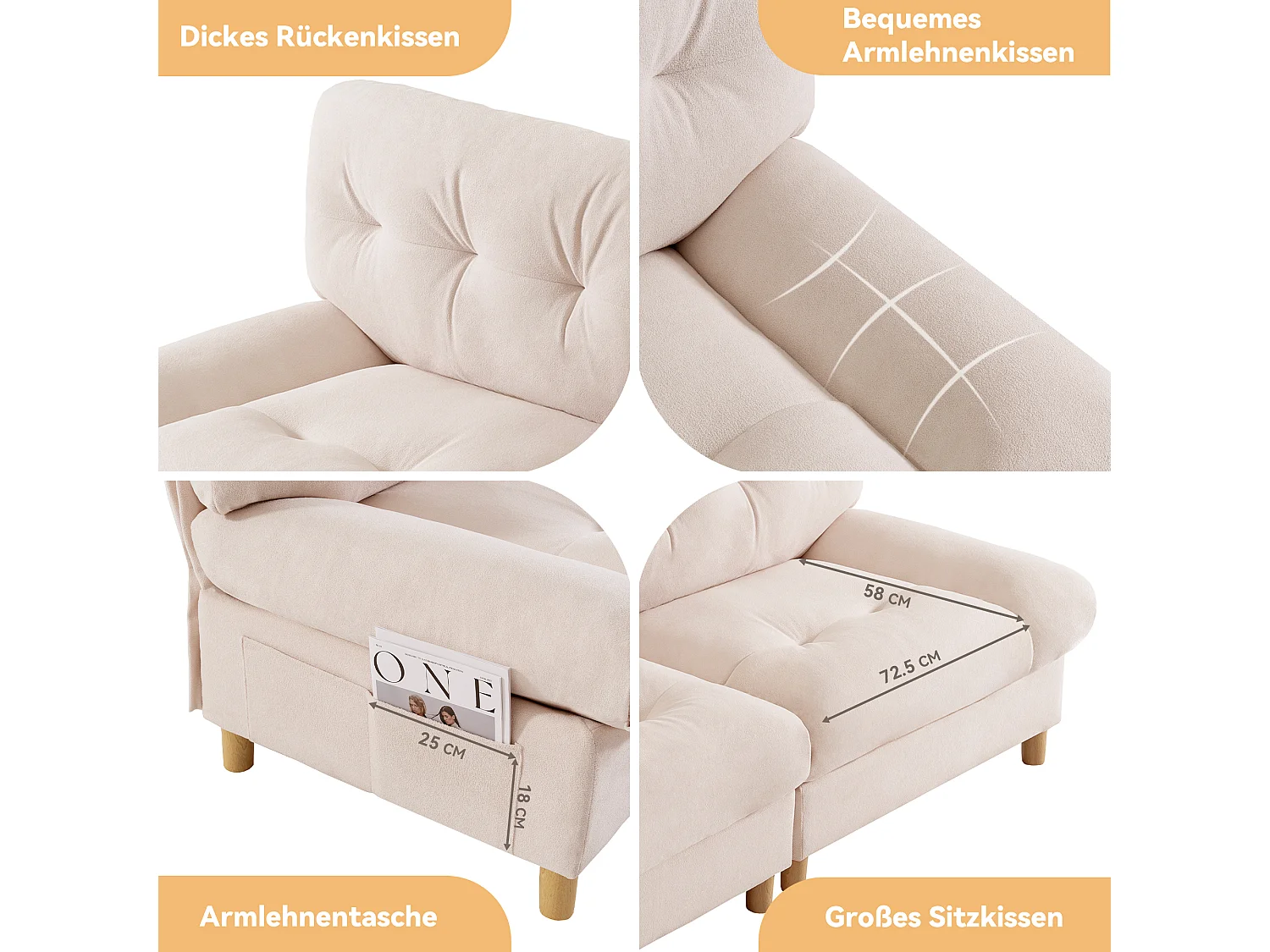 Sofá de 2 lugares em forma de nuvem - 201 x 85 x 90 cm - Veludo Teddy - para sala de estar - Bege