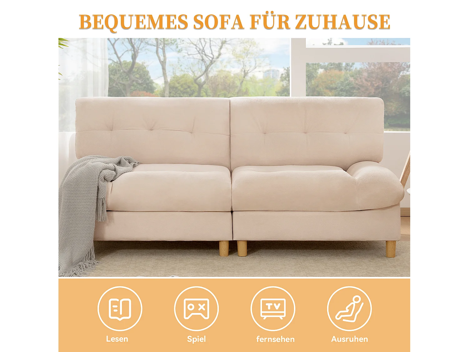 Sofá de 2 lugares em forma de nuvem - 201 x 85 x 90 cm - Veludo Teddy - para sala de estar - Bege