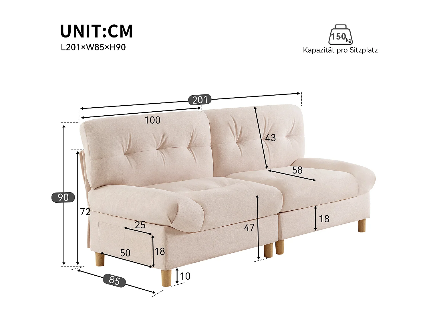 Sofá de 2 lugares em forma de nuvem - 201 x 85 x 90 cm - Veludo Teddy - para sala de estar - Bege