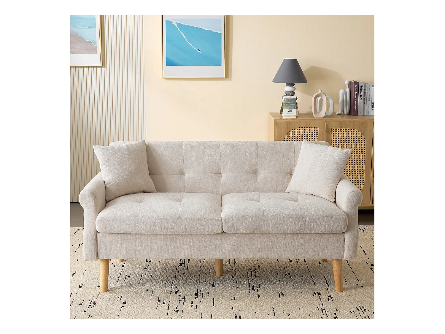 2-Sitzer-Sofa aus Chenille-Stoff mit dicken Kissen – 162 x 74 x 77 cm – für Wohnzimmer, Schlafzimmer – Beige