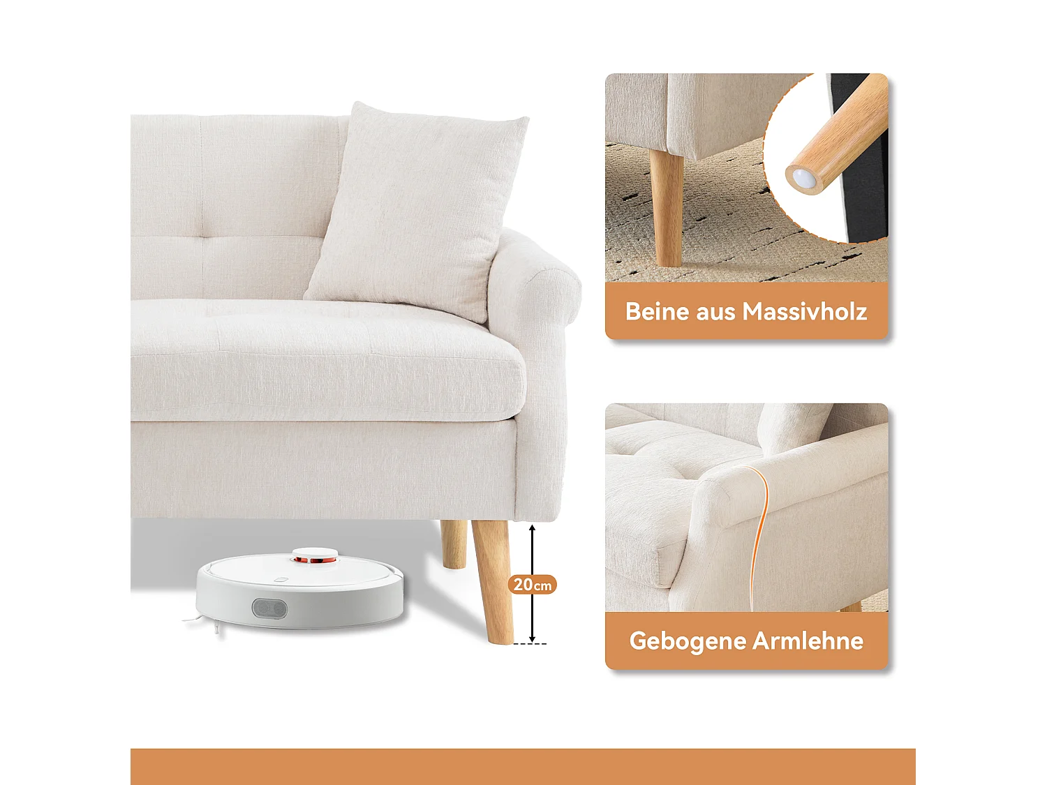 2-Sitzer-Sofa aus Chenille-Stoff mit dicken Kissen – 162 x 74 x 77 cm – für Wohnzimmer, Schlafzimmer – Beige