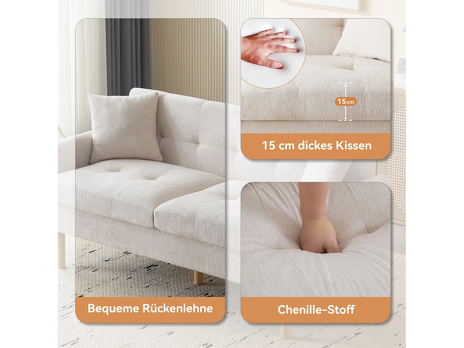 2-Sitzer-Sofa aus Chenille-Stoff mit dicken Kissen – 162 x 74 x 77 cm – für Wohnzimmer, Schlafzimmer – Beige