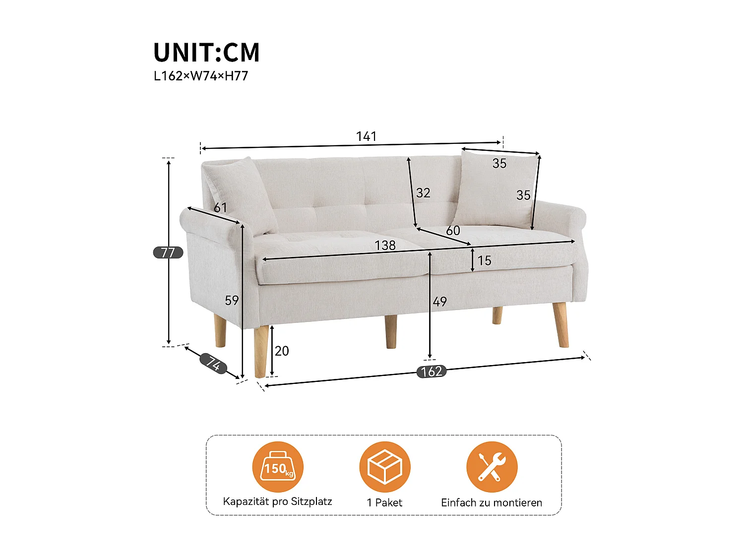2-Sitzer-Sofa aus Chenille-Stoff mit dicken Kissen – 162 x 74 x 77 cm – für Wohnzimmer, Schlafzimmer – Beige