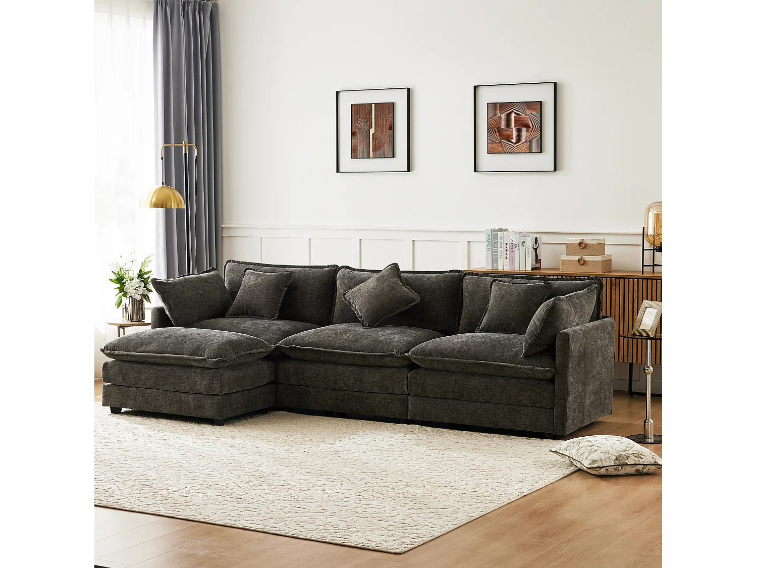 Canapé d'angle 3 places avec repose-pieds - 283 x 147 x 84 - Tissu chenille - Gris foncé