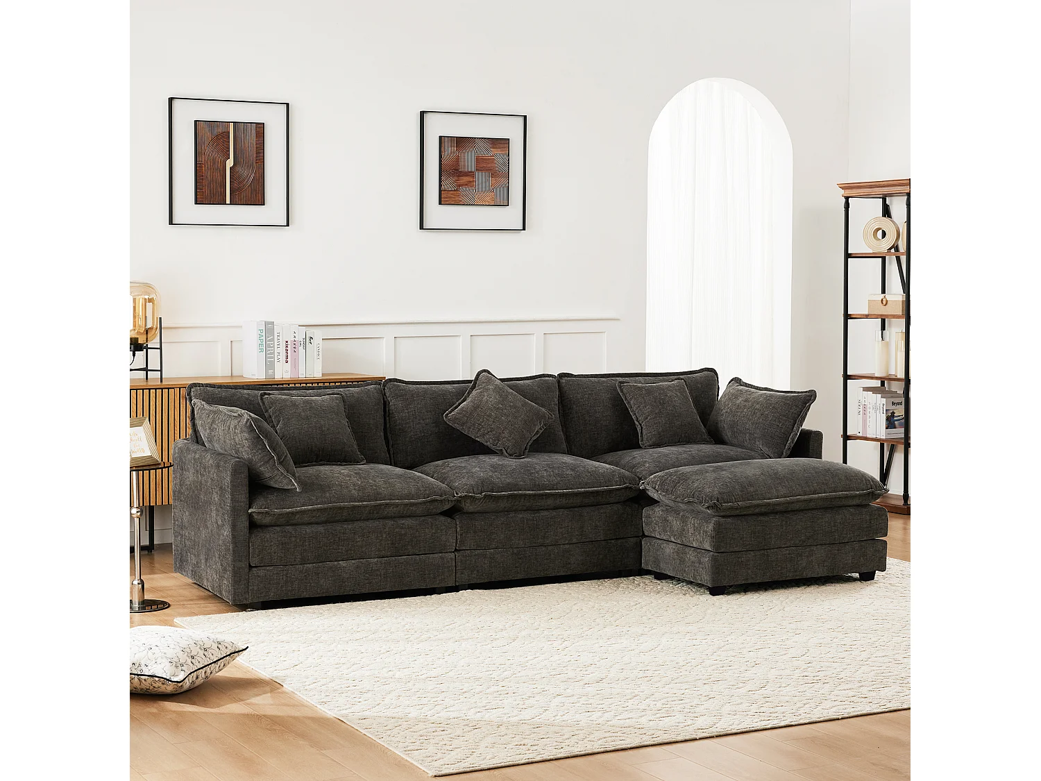 Canapé d'angle 3 places avec repose-pieds - 283 x 147 x 84 - Tissu chenille - Gris foncé