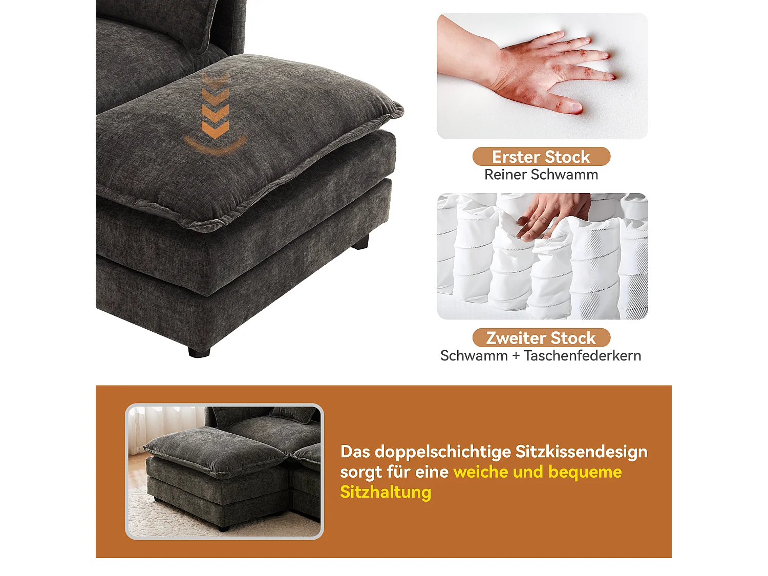 Canapé d'angle 3 places avec repose-pieds - 283 x 147 x 84 - Tissu chenille - Gris foncé