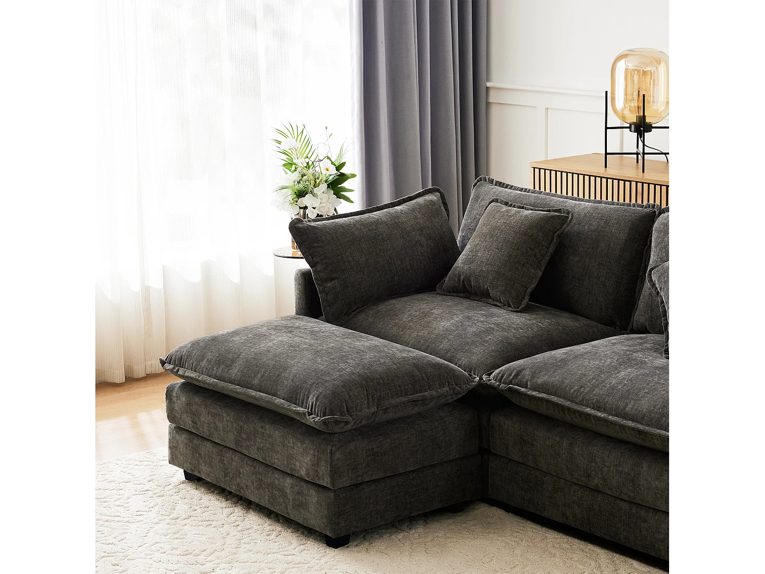 Canapé d'angle 3 places avec repose-pieds - 283 x 147 x 84 - Tissu chenille - Gris foncé