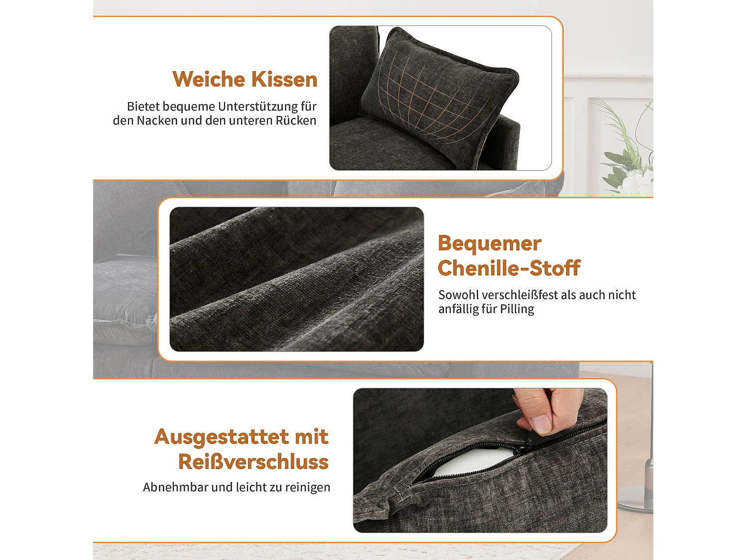 Canapé d'angle 3 places avec repose-pieds - 283 x 147 x 84 - Tissu chenille - Gris foncé